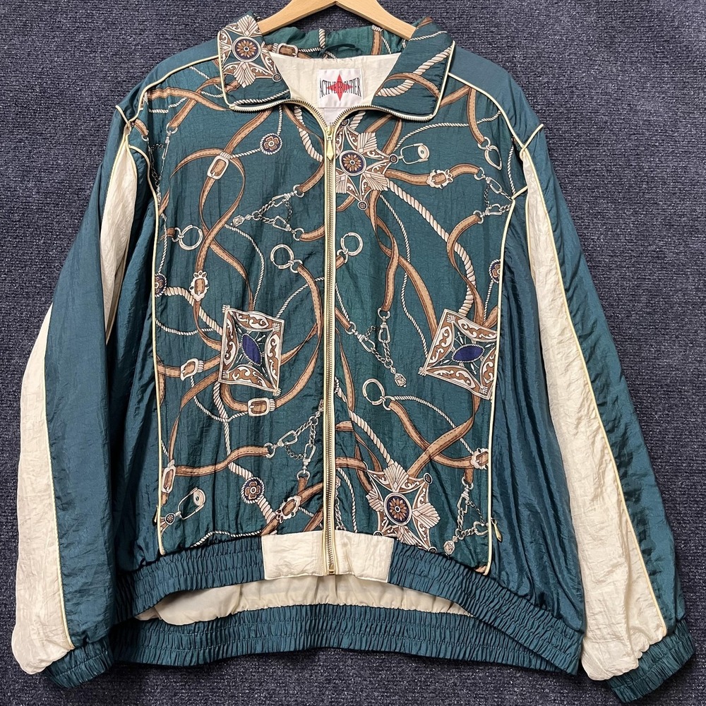 Vintage Active Frontier Jacket Mens XL Green Nylon Windbreaker Scarf Print 90s